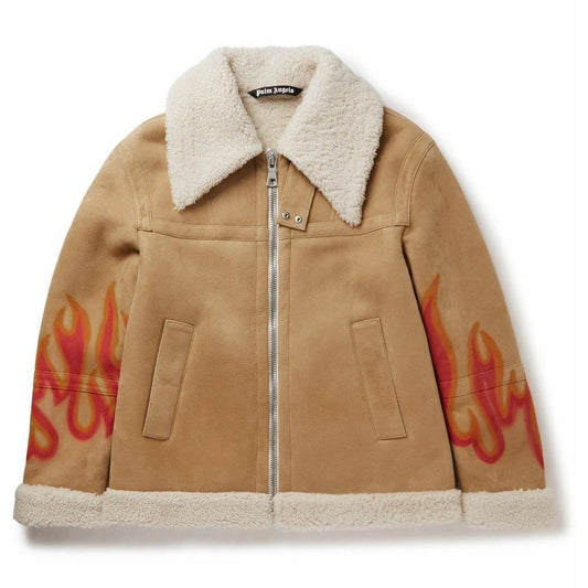 Palm Angels Flame Accented Suede Shearling Jacket
