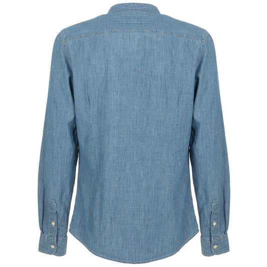 Fred Mello Mandarin Collar Blue Linen-Cotton Shirt