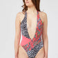 Custo Barcelona Fuchsia Patterned Swimsuit with Chic Neckline