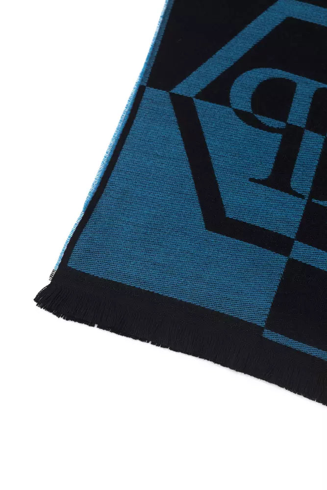 Philipp Plein Elegant Fringed Blue Wool-Blend Scarf