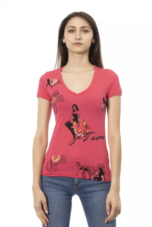 Trussardi Action V-Neck Cotton Blend Tee with Chic Front Print