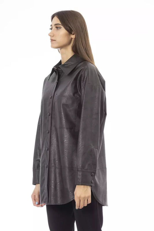 Alpha Studio Chic Brown Leatherette Shirt with Pocket Detail