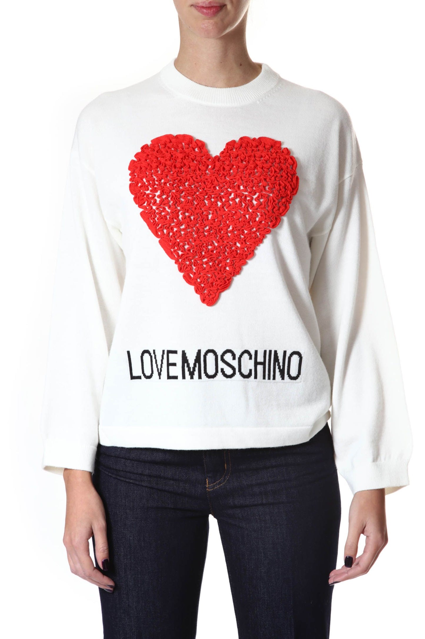 Love Moschino Embossed Heart Wool Blend Crewneck Sweater