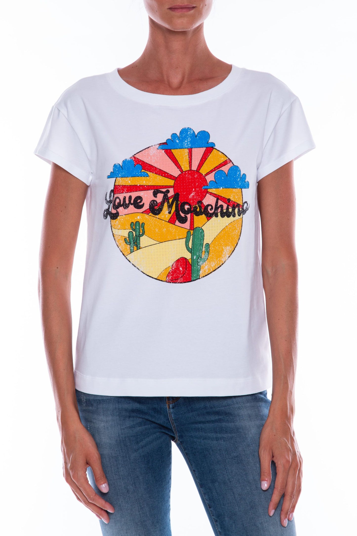 Love Moschino Chic Graphic Cotton Tee with Embossed Detail