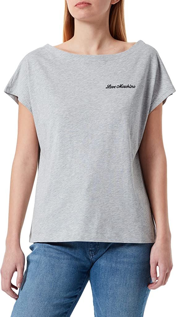 Love Moschino Chic Embroidered Logo Cotton Tee with Back Heart Detail