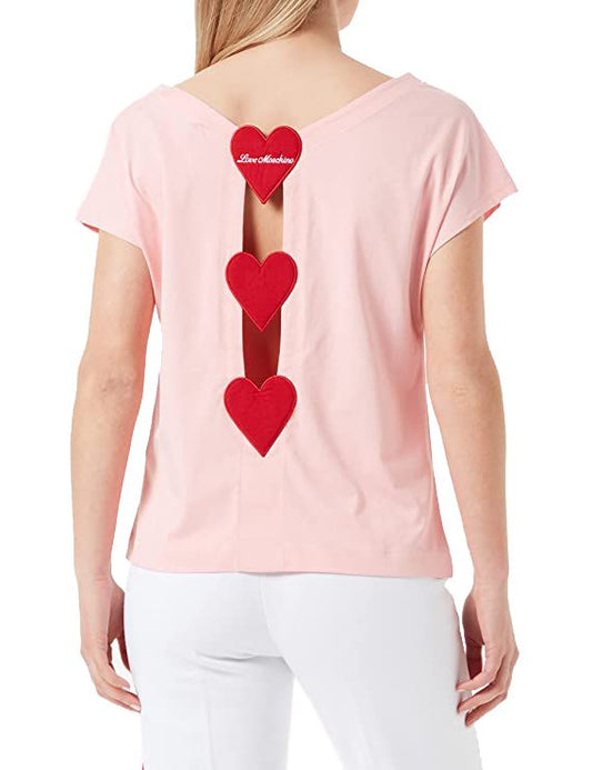 Love Moschino Chic Pink Cotton Tee with Embroidered Hearts