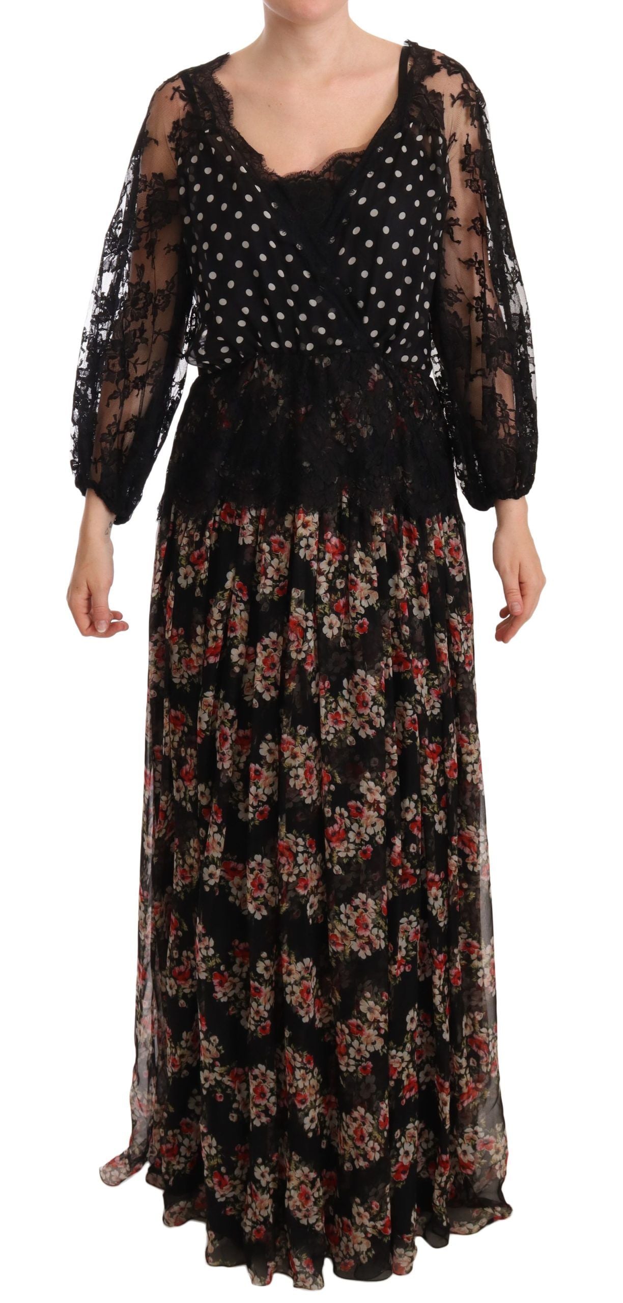 Dolce & Gabbana Black Lace Floral Polka Maxi Capri Dress