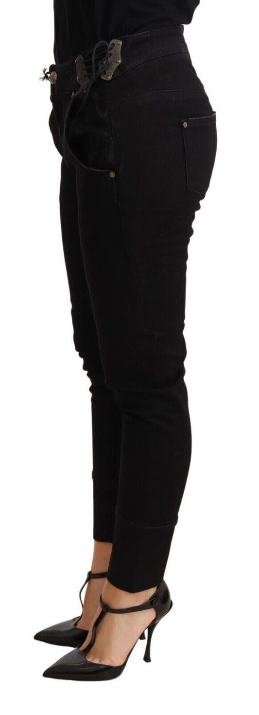 Ermanno Scervino Chic Low Waist Skinny Black Cotton Trousers