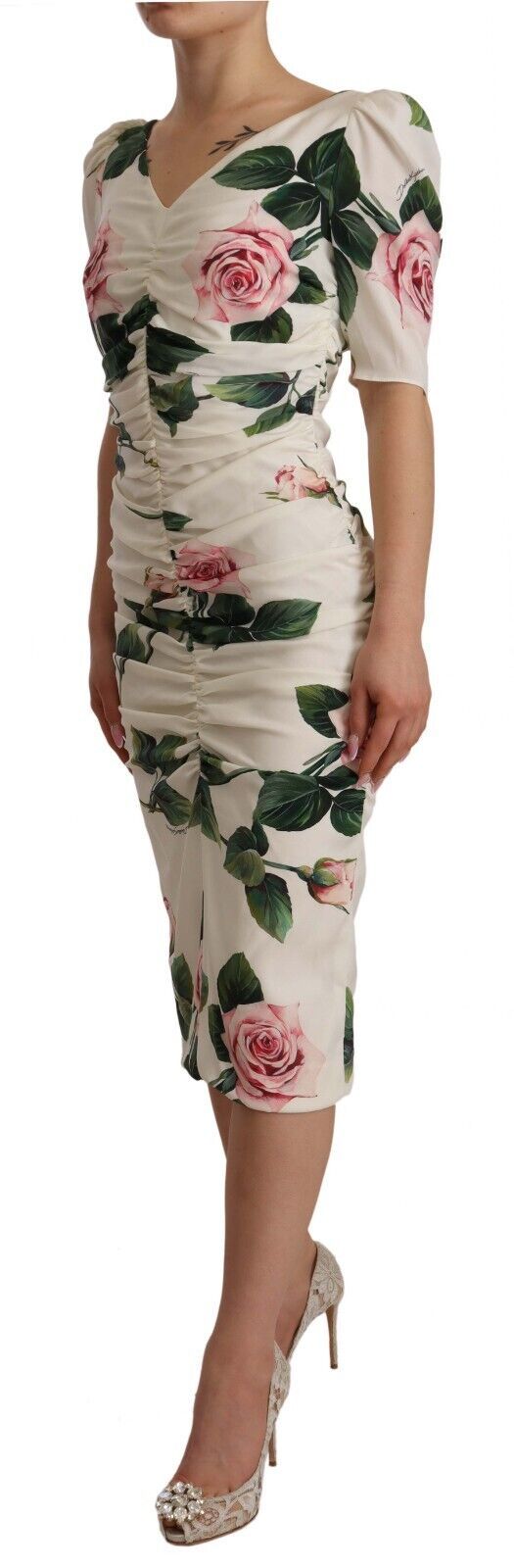 Dolce & Gabbana White Roses Print Stretch Silk Pleated Dress