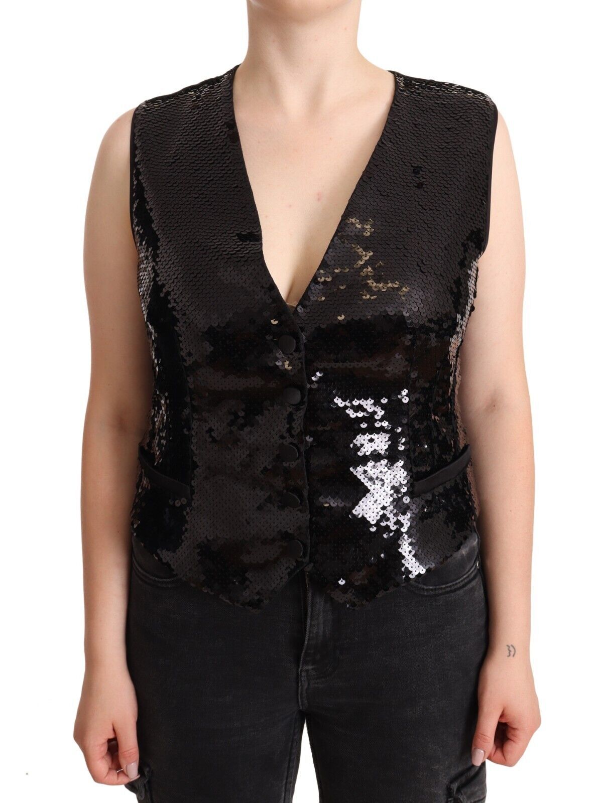 Dolce & Gabbana Black Sequin V-Neck Sleeveless Vest Tank Top