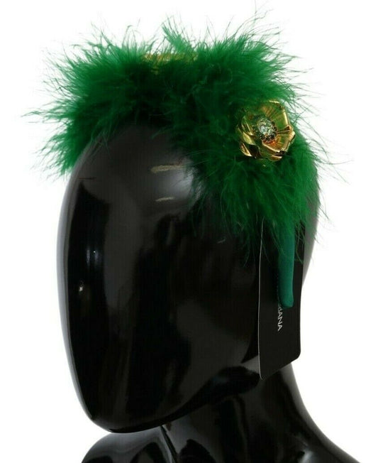 Dolce & Gabbana Green Silk Fur Crystal Flowers Tiara Headband