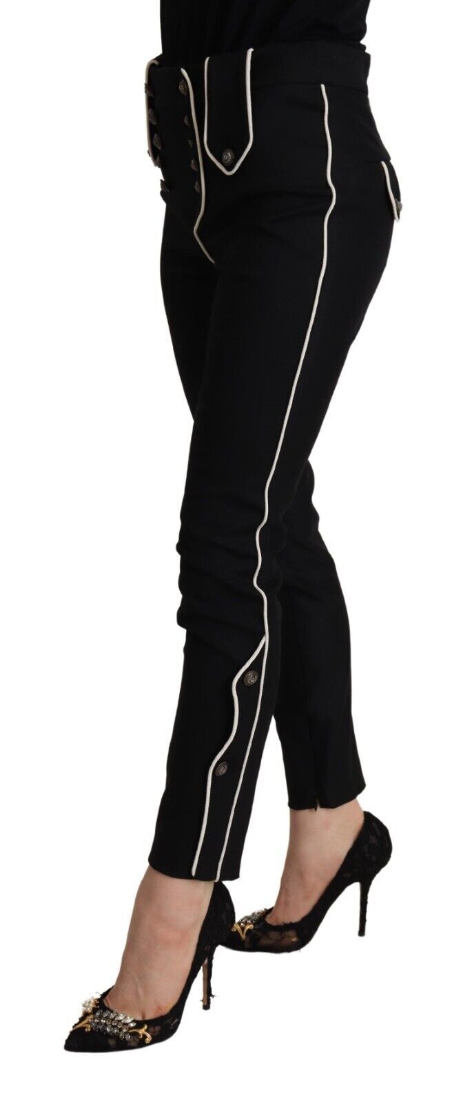 Dolce & Gabbana Black Mid Waist Button Embellished Slim Fit Pants