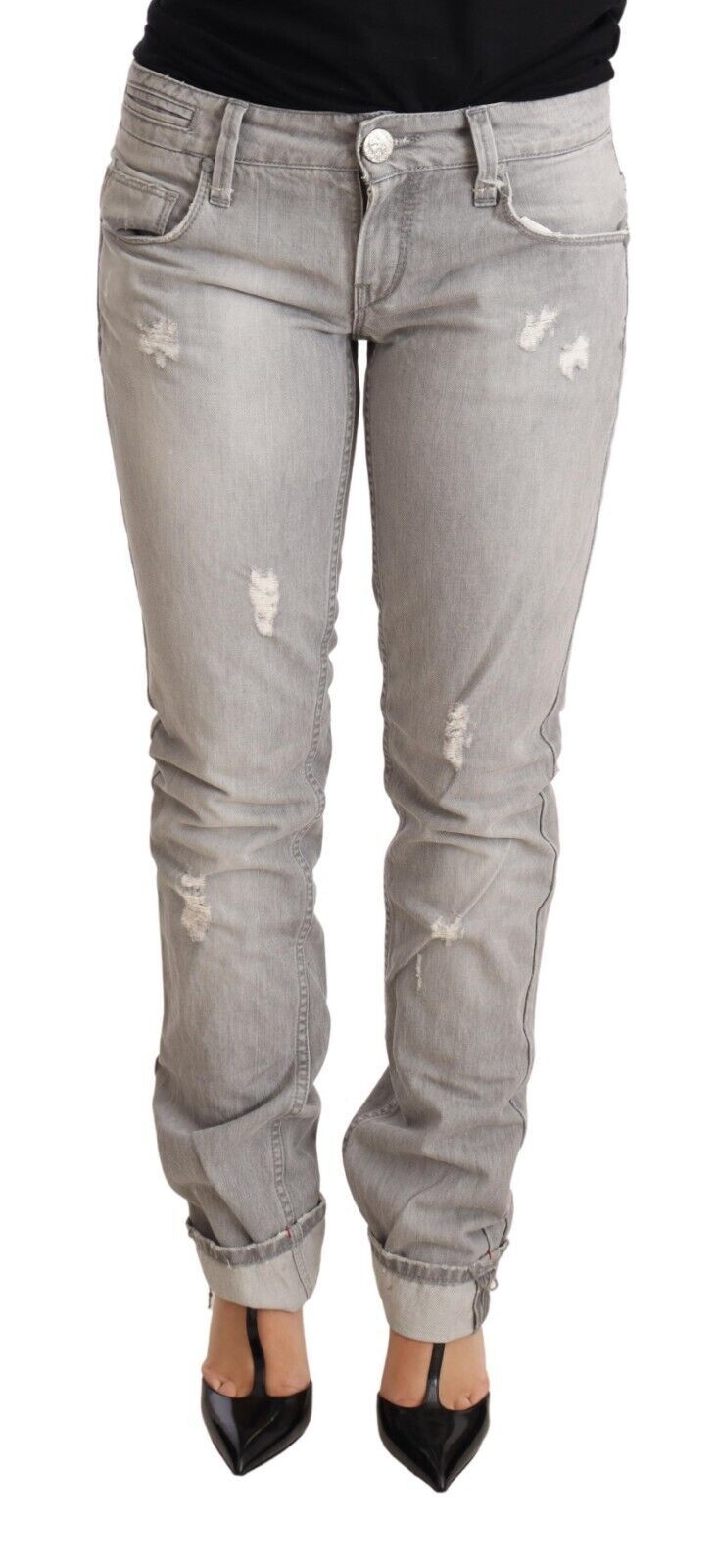 Acht Gray Tattered Cotton Slim Fit Folded Hem Women Denim Jeans