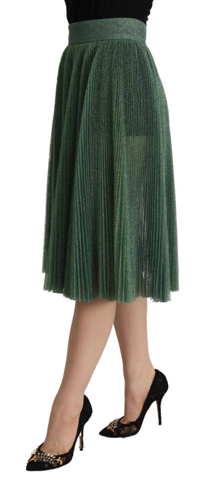 Dolce & Gabbana Metallic Green Pleated A-Line Midi Skirt