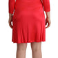 John Galliano Red Viscose 3/4 Sleeves Deep Round Neck Sheath Dress