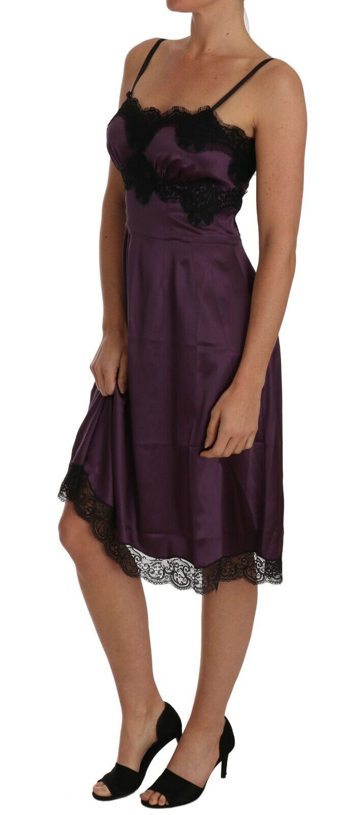 Dolce & Gabbana Purple Silk Stretch Black Lace A-Line Dress
