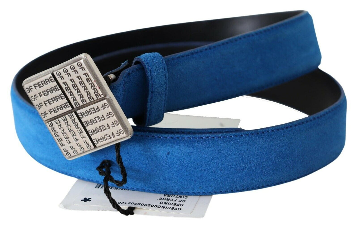 GF Ferre Blue Leather Silver Square Logo Buckle Waist Belt