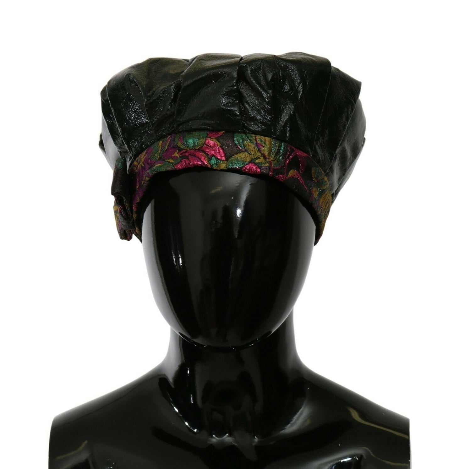 Dolce & Gabbana Black Lamb Leather Floral Print Beret Hat
