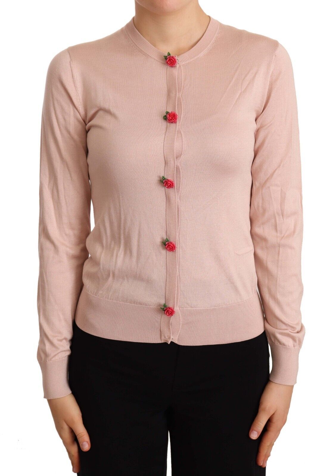 Dolce & Gabbana Pink Silk Knit Rose Button Cardigan Sweater