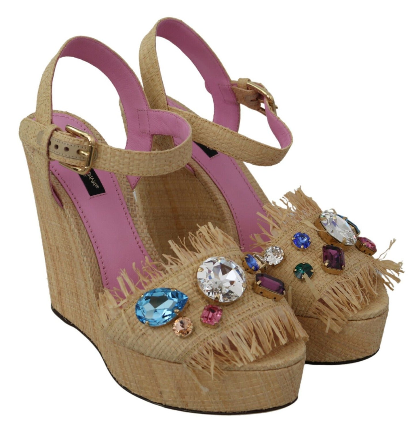 Dolce & Gabbana Beige Rhinestones Wedge Heel Sandals Shoes