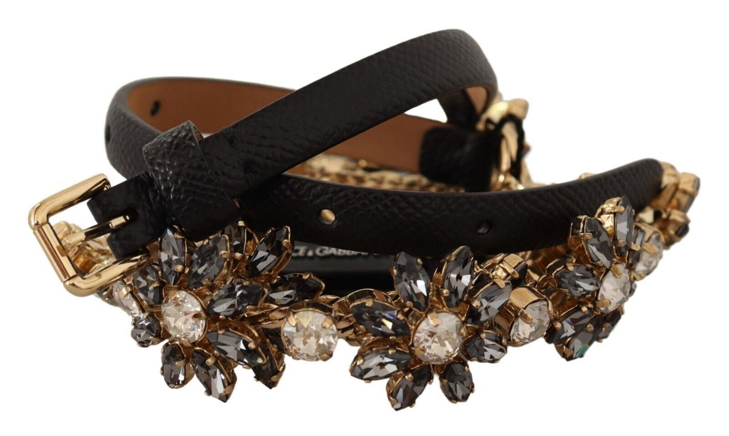 Dolce & Gabbana Black Daisy Crystal Dauphine Texture Belt