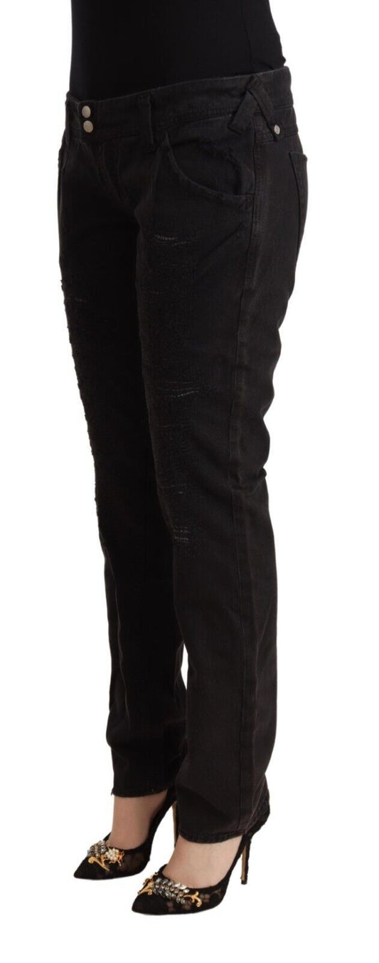 CYCLE Black Cotton Distressed Low Waist Slim Fit Denim Jeans