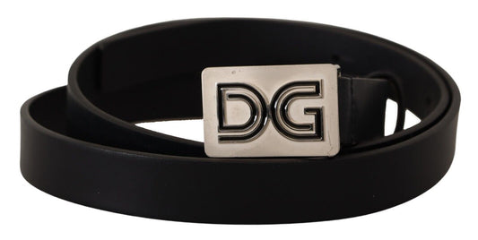 Dolce & Gabbana Black Leather Silver DG Logo Buckle Belt