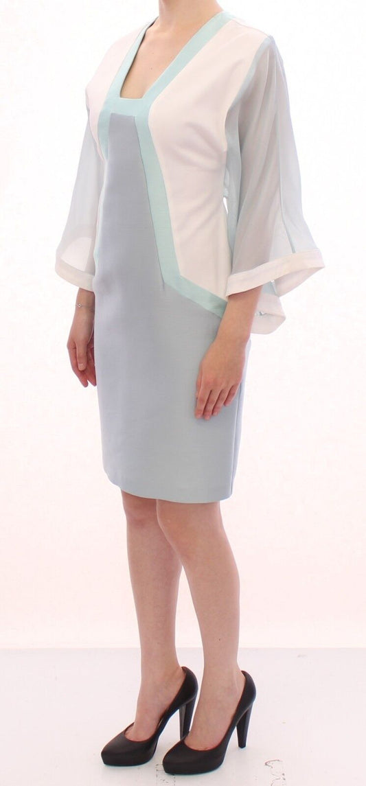 Sergei Grinko White Silk Sheath Formal Turquoise Dress
