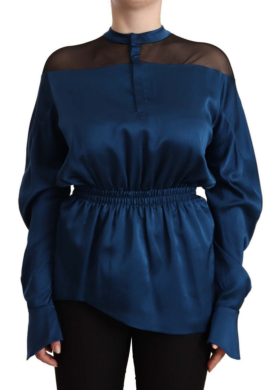 Masha Ma Blue Silk Long Sleeves Elastic Waist Top Blouse