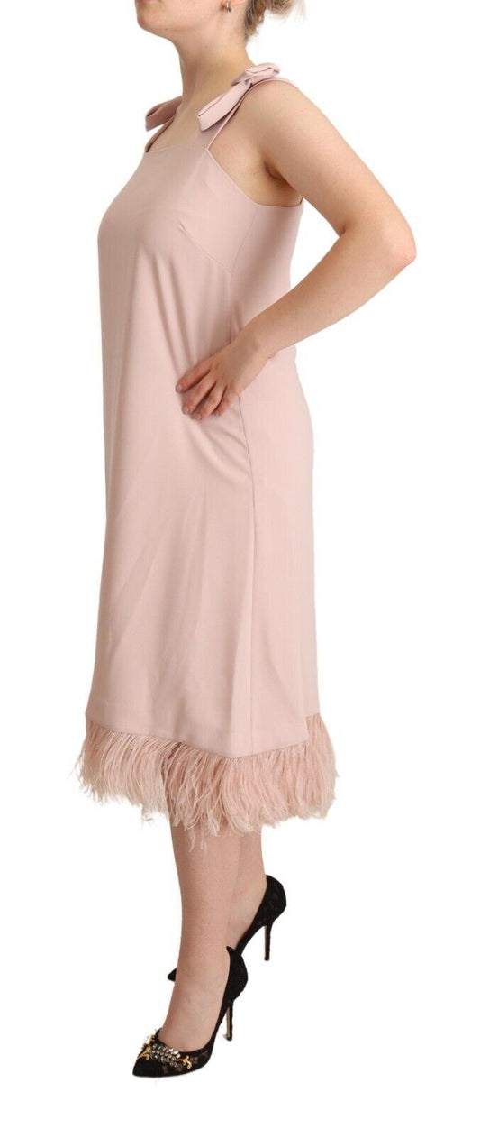 P.A.R.O.S.H. Pink Polyester Sleeveless Midi Feather Shift Dress