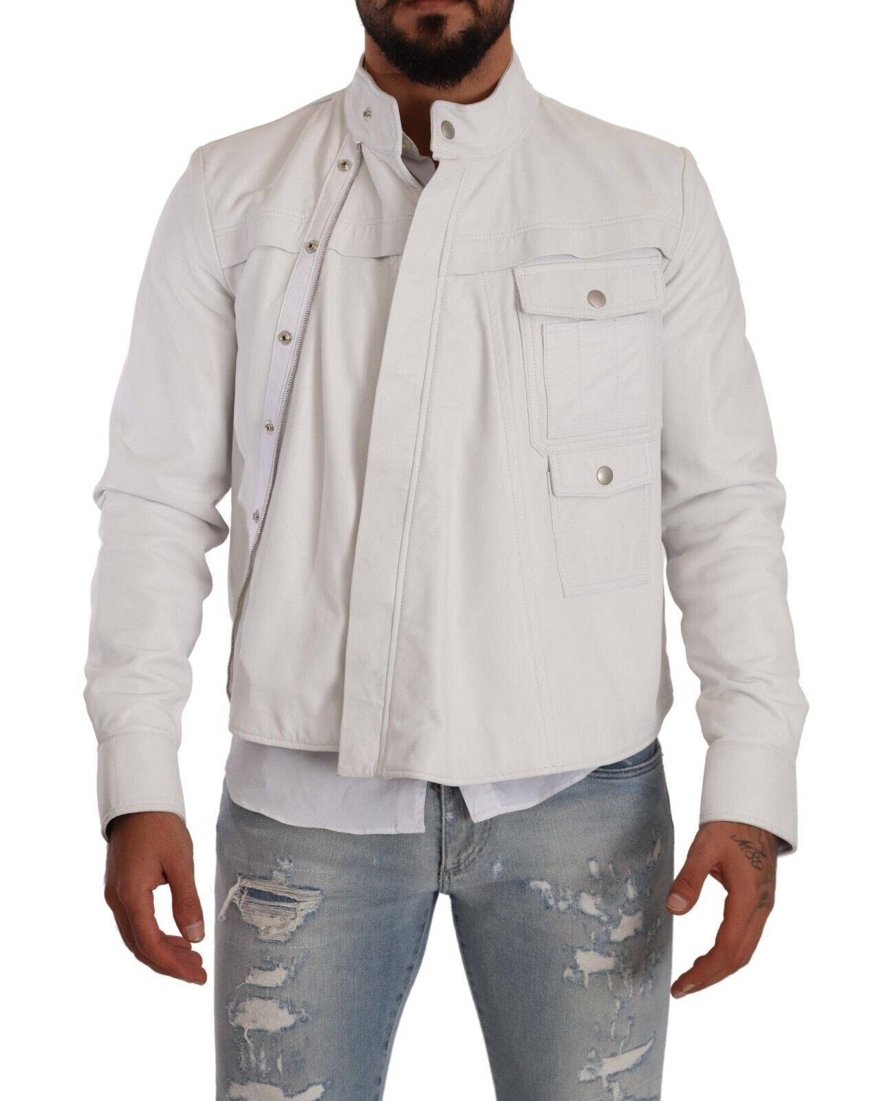 Diesel Exquisite White Leather Biker Jacket