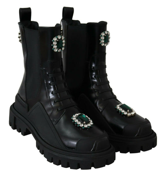 Dolce & Gabbana Elegant Black Leather Combat Boots with Crystal Detail