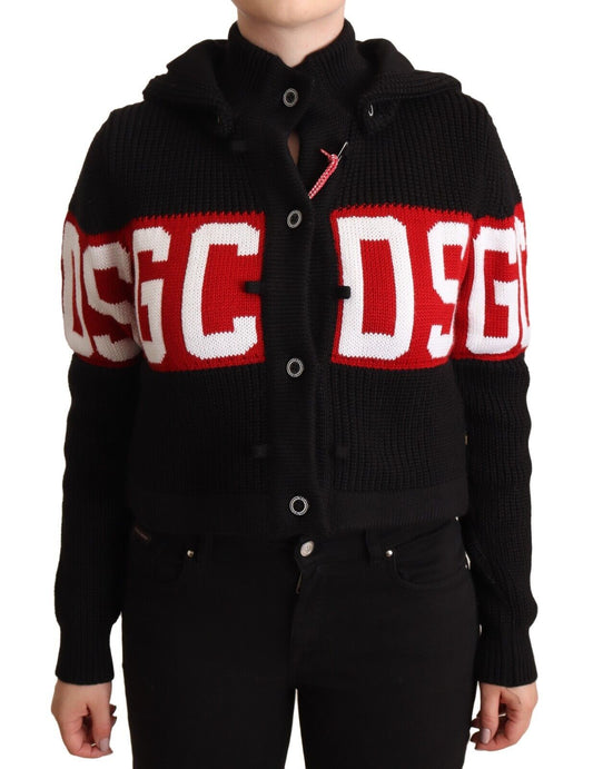 GCDS Black Cashmere Hooded Button Down Logo Cardigan Jacket