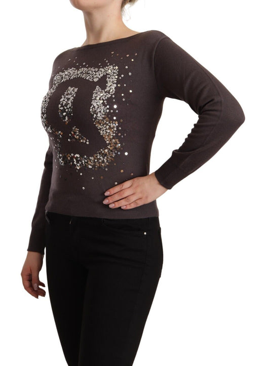 John Galliano Brown Wool Sequined Long Sleeves Pullover Sweater