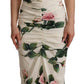 Dolce & Gabbana White Roses Print Stretch Silk Pleated Dress