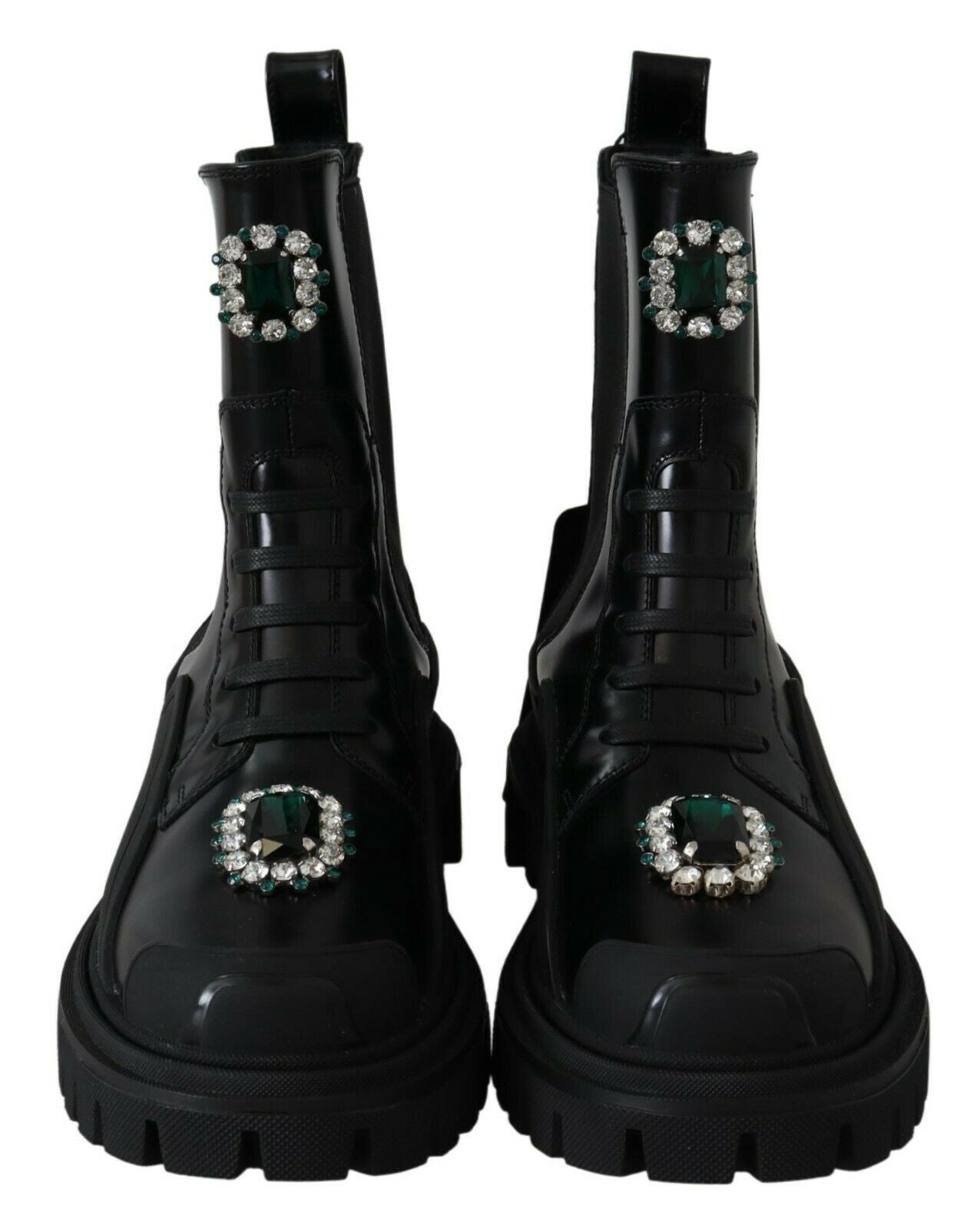 Dolce & Gabbana Elegant Black Leather Combat Boots with Crystal Detail