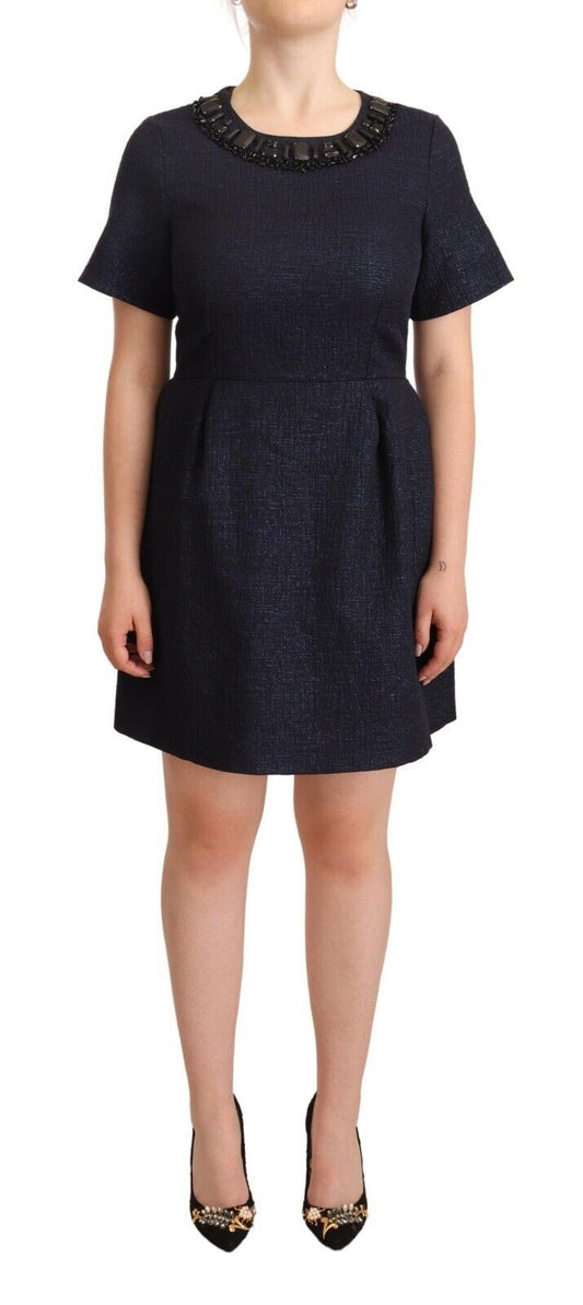 L'Autre Chose Black Embellished Short Sleeves Mini A-line Dress