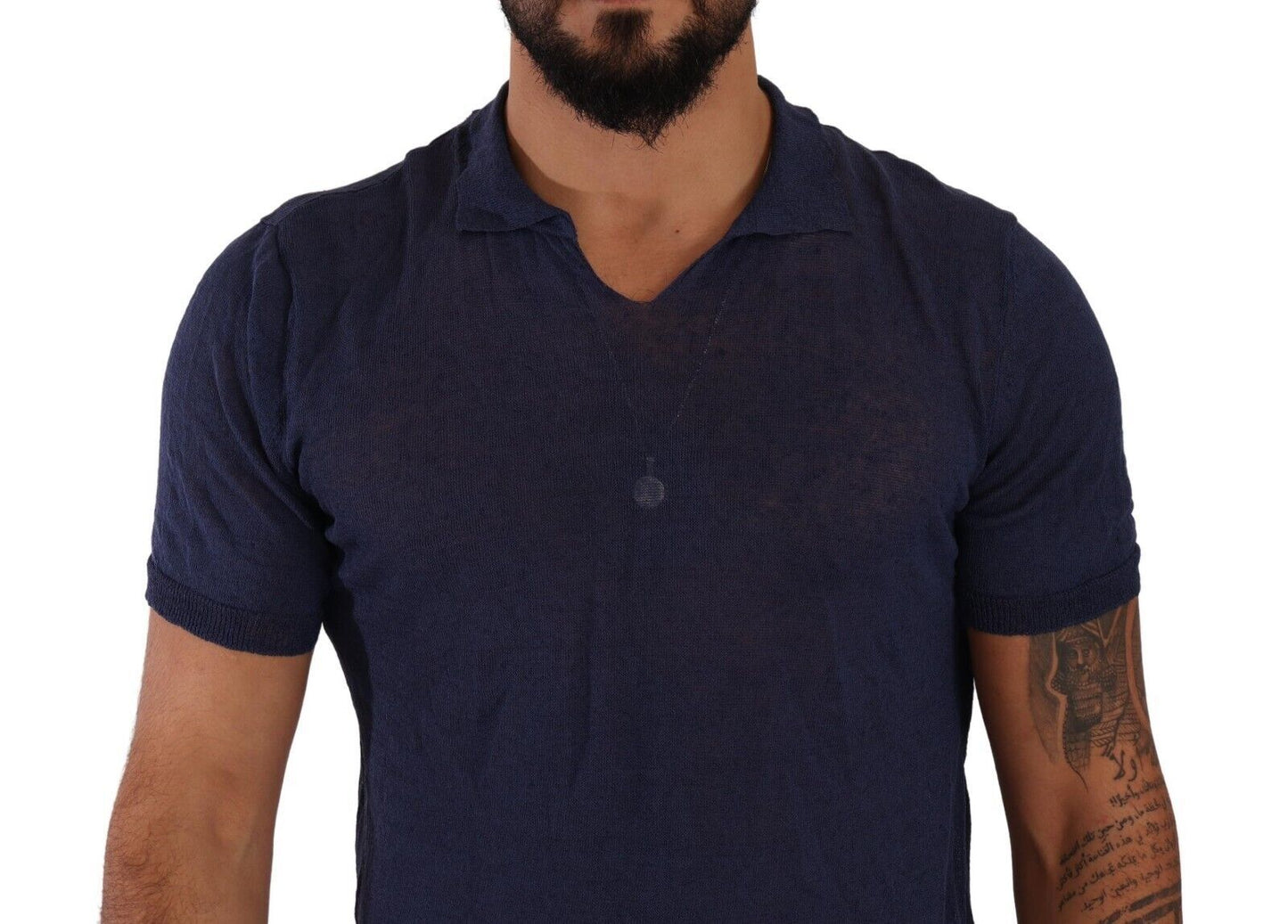 Daniele Alessandrini Navy Linen Blend Collared T-Shirt