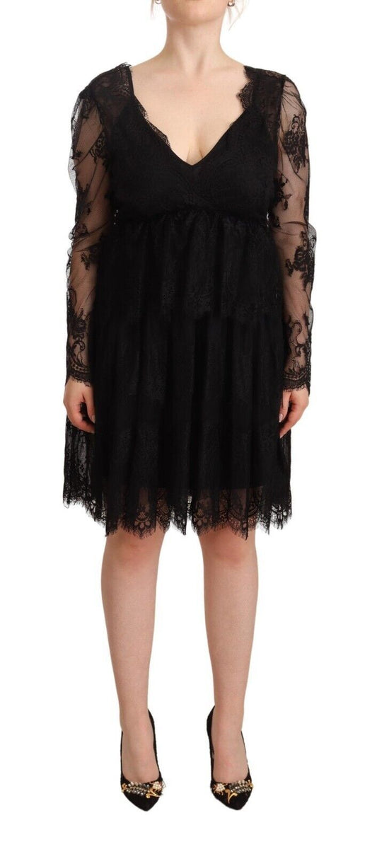Aniye By Black Floral Lace Cotton Long Sleeves V-neck Shift Dress