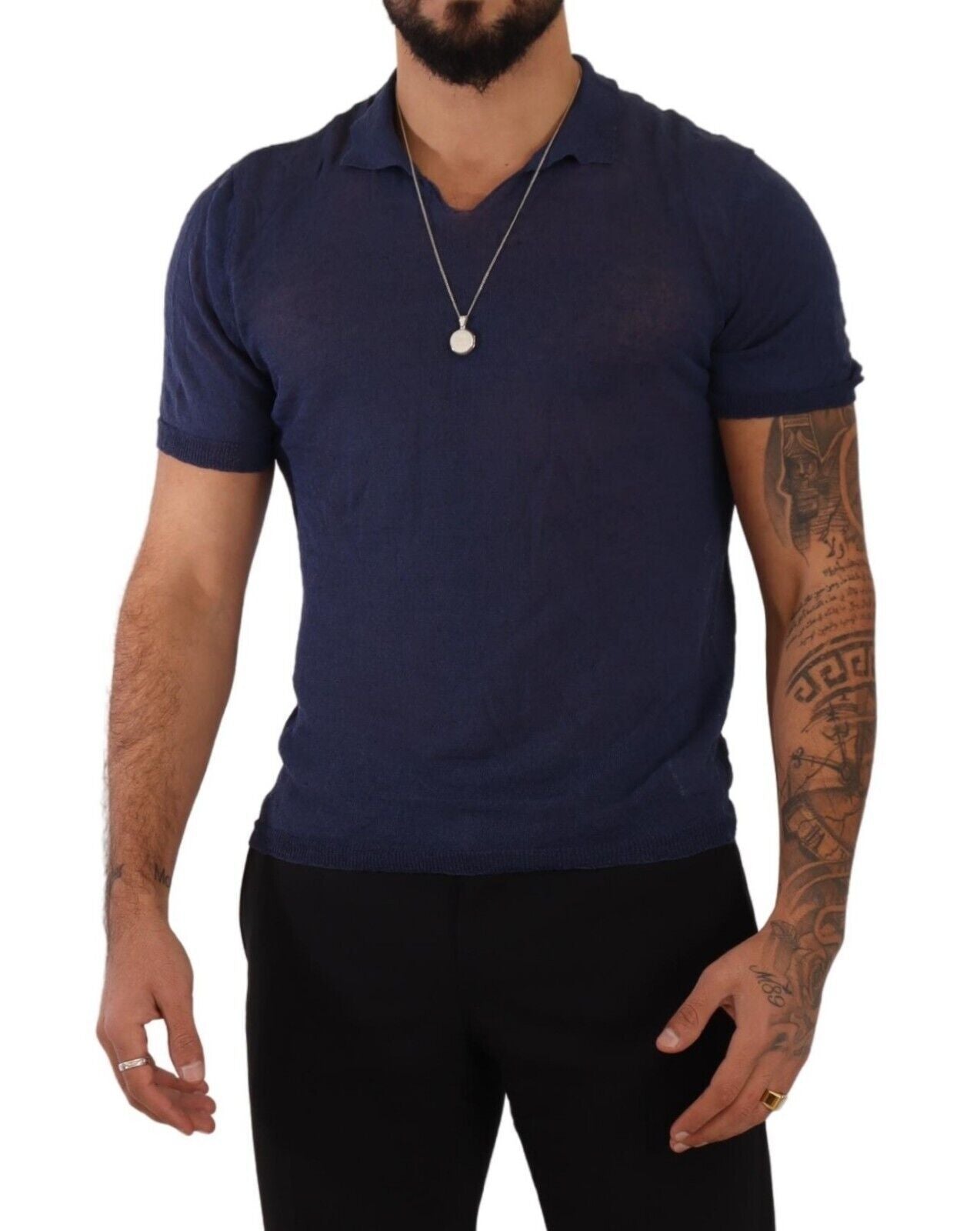 Daniele Alessandrini Navy Linen Blend Collared T-Shirt