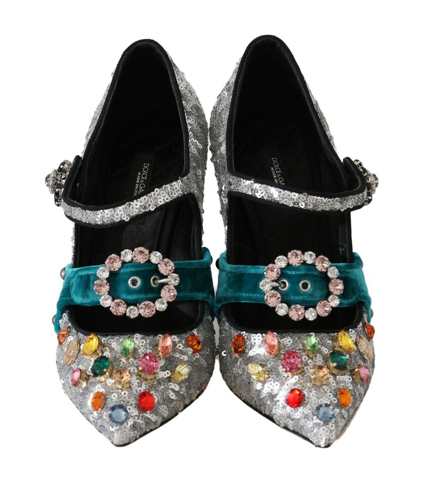 Dolce & Gabbana Silver Sequined Crystal Mary Janes Pumps