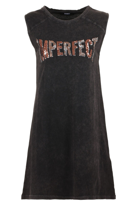 Imperfect Elegant Black Cotton Dress with Logo Detail
